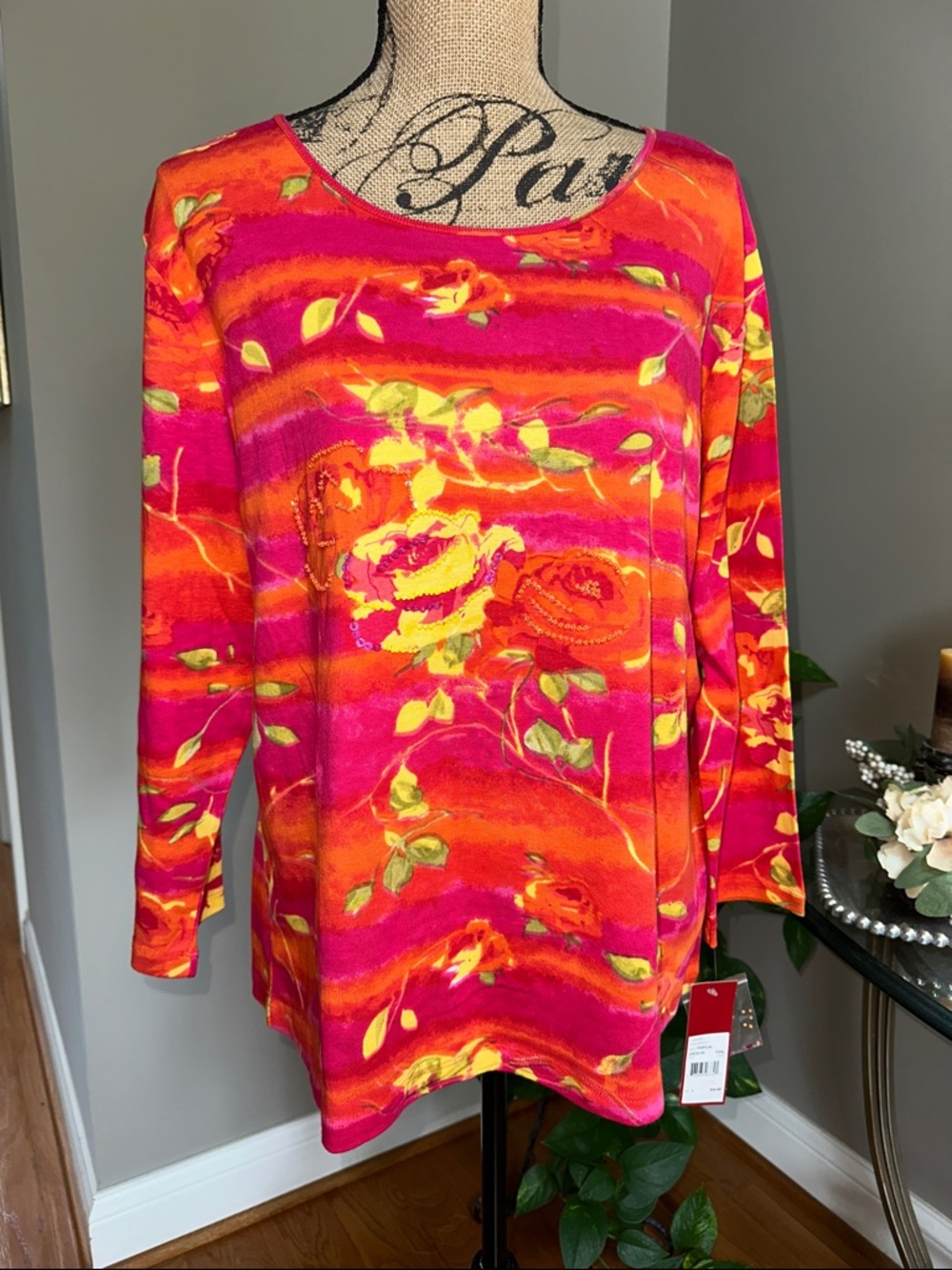 Choices Bright Pink & Orange Floral Long Sleeve Scoop Neck Top size Large
